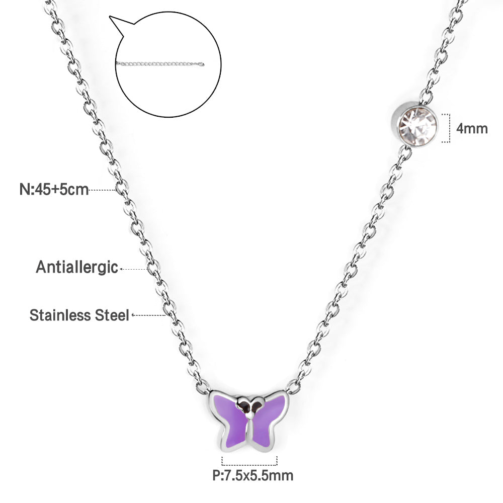 Red & Pink & Blue & Purple Butterfly Pendant with Diamond Necklace 45+5cm Steel Color asonjewelry