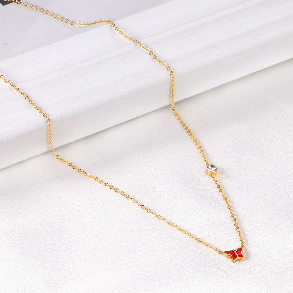 Red & Pink & Blue & Purple Butterfly Pendant with Diamond Necklace 45+5cm Steel Color asonjewelry