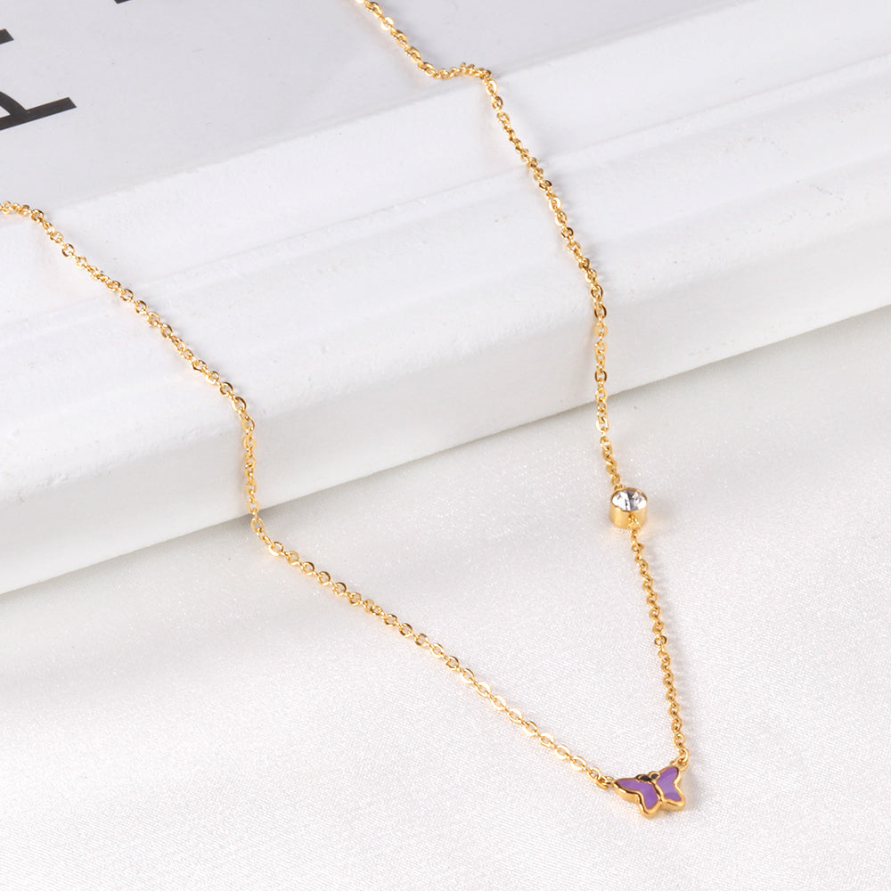 Red & Pink & Blue & Purple Butterfly Pendant with Diamond Necklace 45+5cm Steel Color asonjewelry