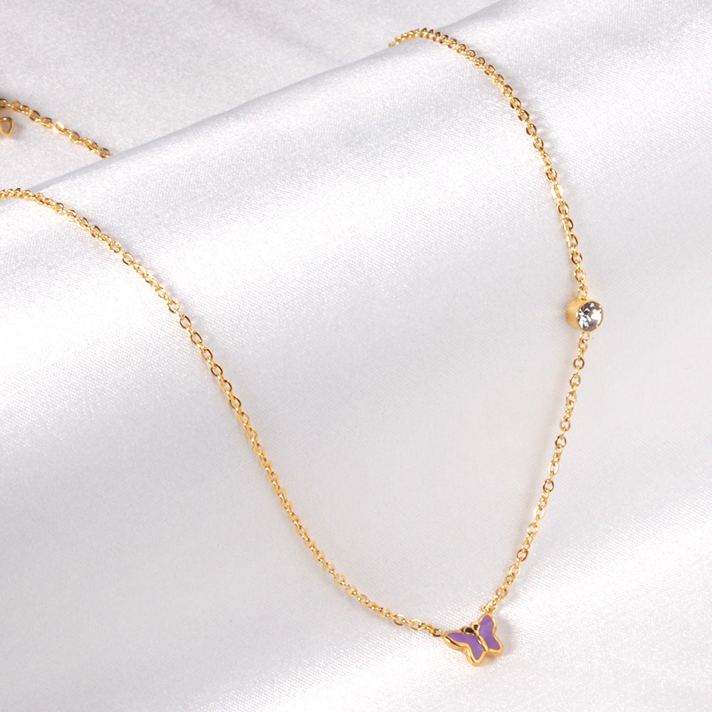 Red & Pink & Blue & Purple Butterfly Pendant with Diamond Necklace 45+5cm Steel Color asonjewelry