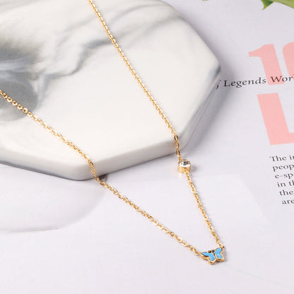 Red & Pink & Blue & Purple Butterfly Pendant with Diamond Necklace 45+5cm Steel Color asonjewelry