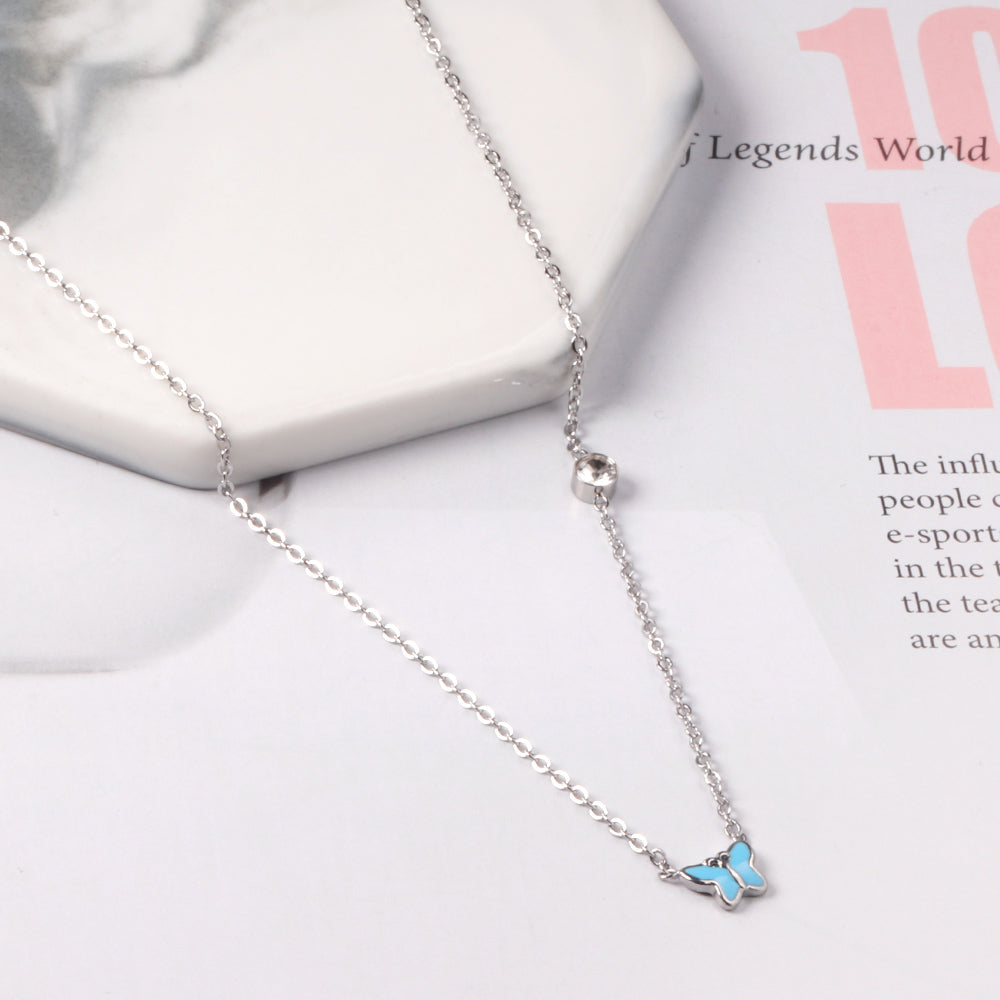 Red & Pink & Blue & Purple Butterfly Pendant with Diamond Necklace 45+5cm Steel Color asonjewelry