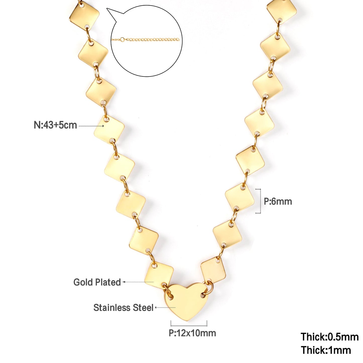 6mm square necklace + 12*10mm heart pendant necklace 43+5cm asonjewelry