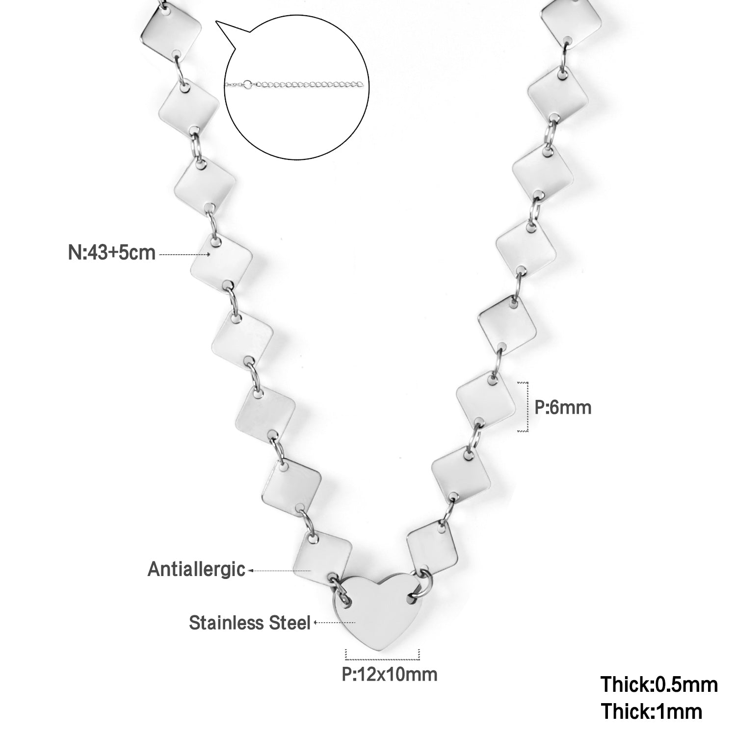 6mm square necklace + 12*10mm heart pendant necklace 43+5cm asonjewelry