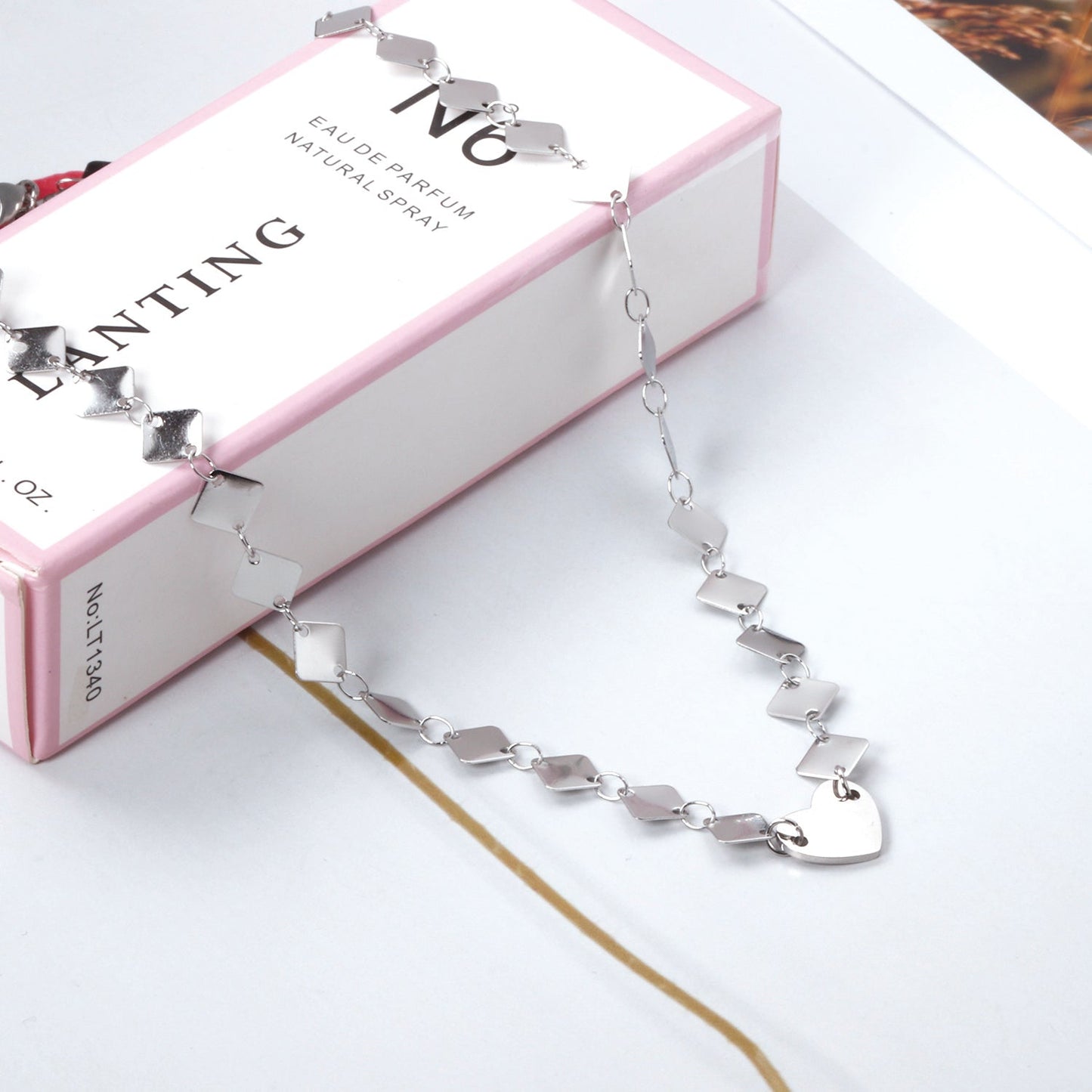 6mm square necklace + 12*10mm heart pendant necklace 43+5cm asonjewelry