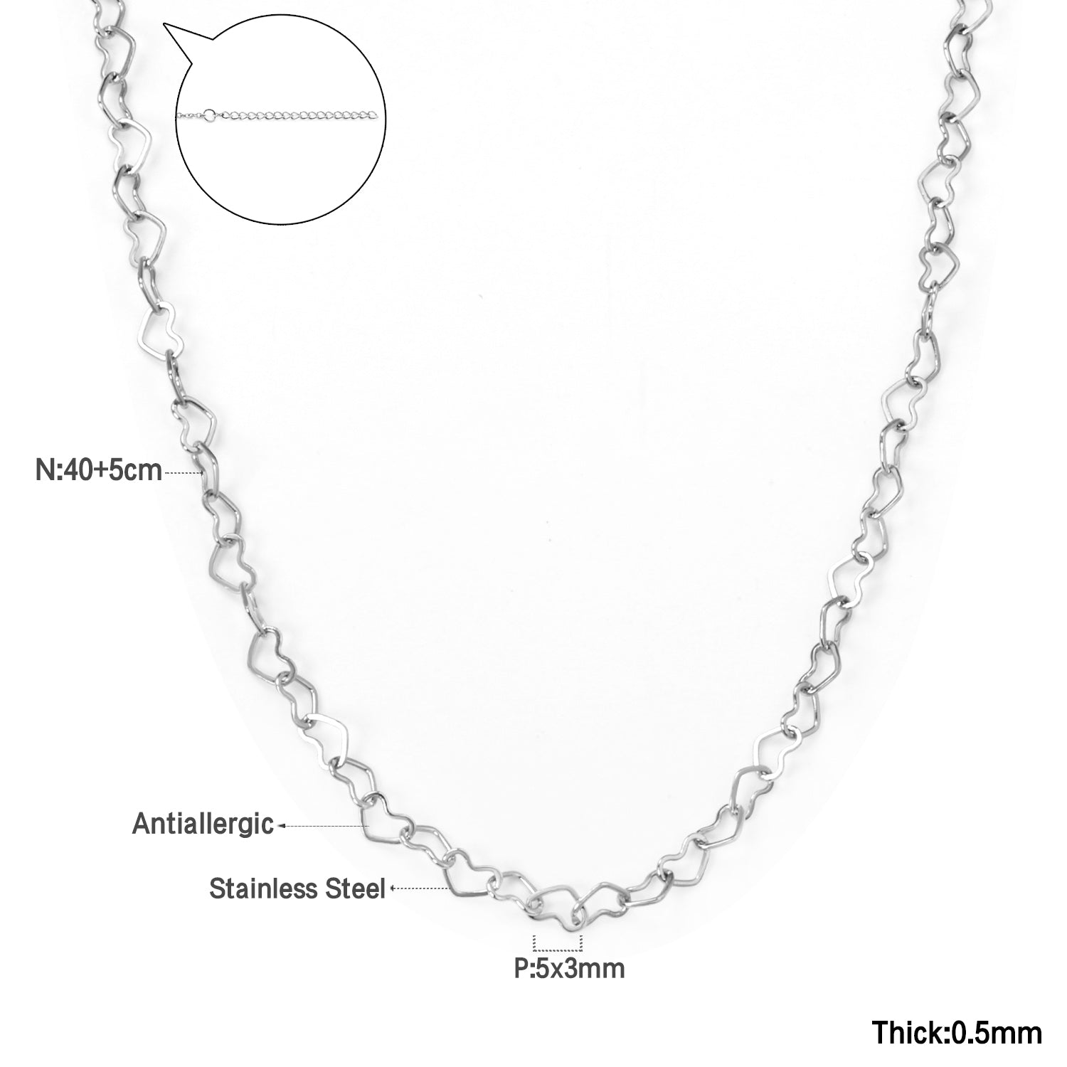 5*3mm Heart Circle Necklace 40+5cm asonjewelry