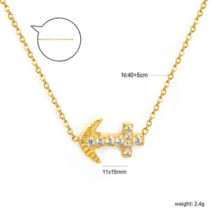 11*15mm Anchor with white zirconium pendant necklace 0.3 cross chain 40+5cm+6mm round end tag Gold color