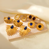 18k Gold Stainless Steel Court Hollow Center Oval Diamond Stud Earrings