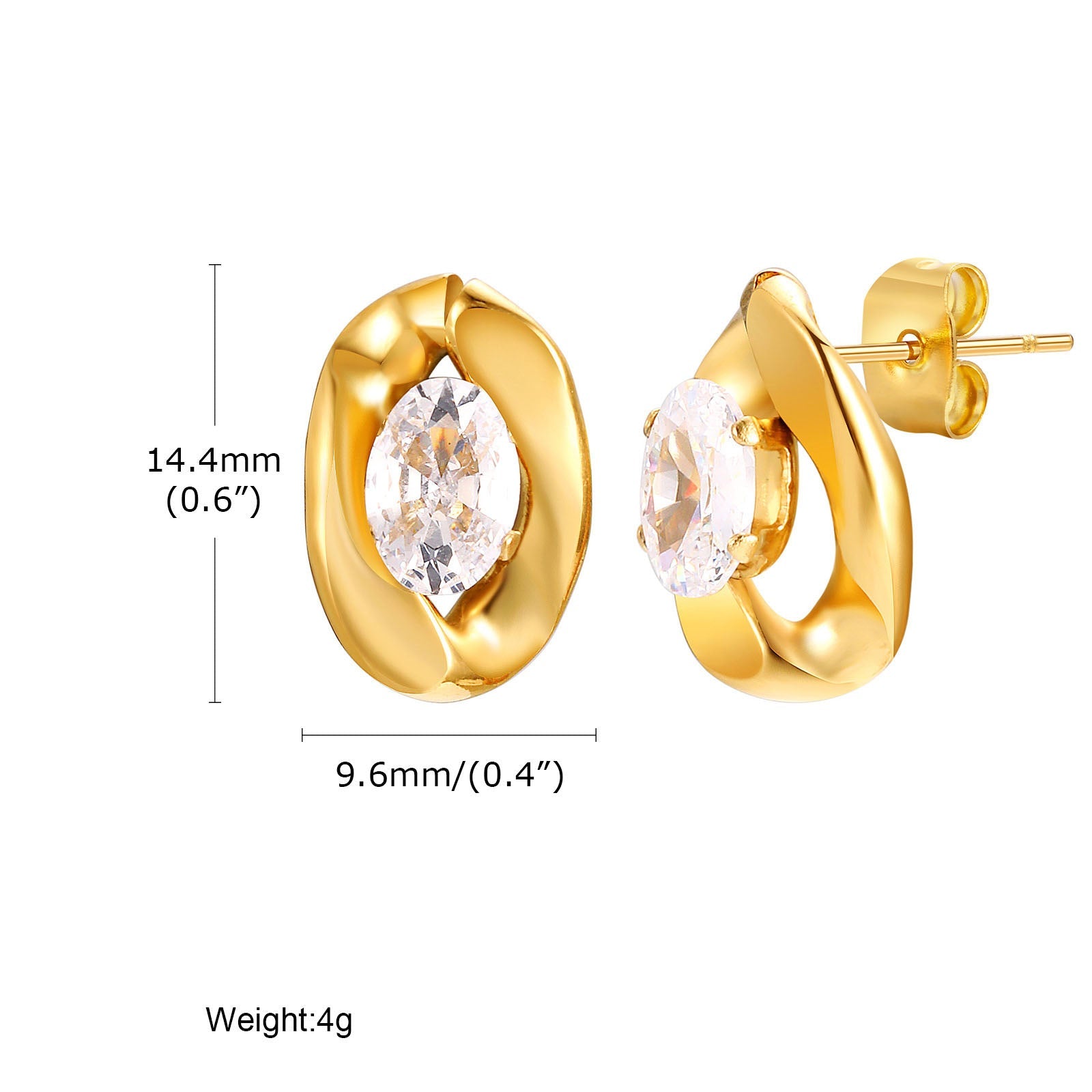 Stainless steel oval white zirconia earrings gold ladies fashion earrings asonjewelry