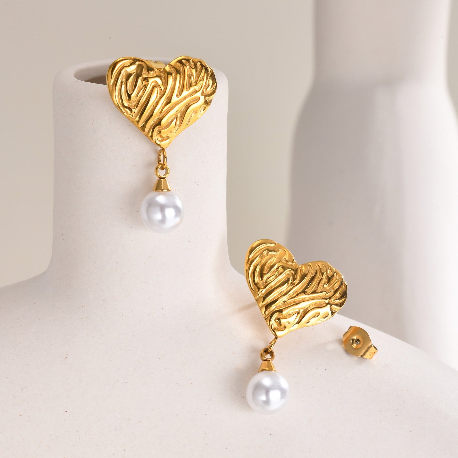 Fashion Stainless Steel Irregular Texture Heart & Pearl Earrings asonjewelry