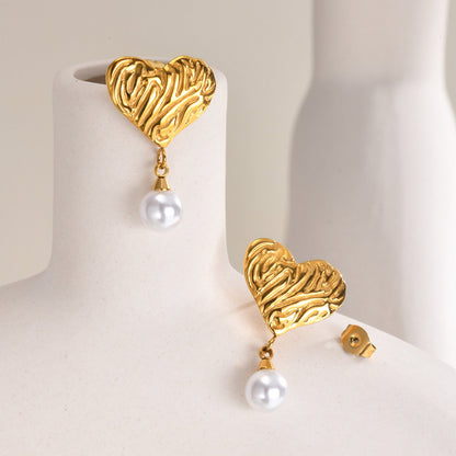 Fashion Stainless Steel Irregular Texture Heart & Pearl Earrings asonjewelry