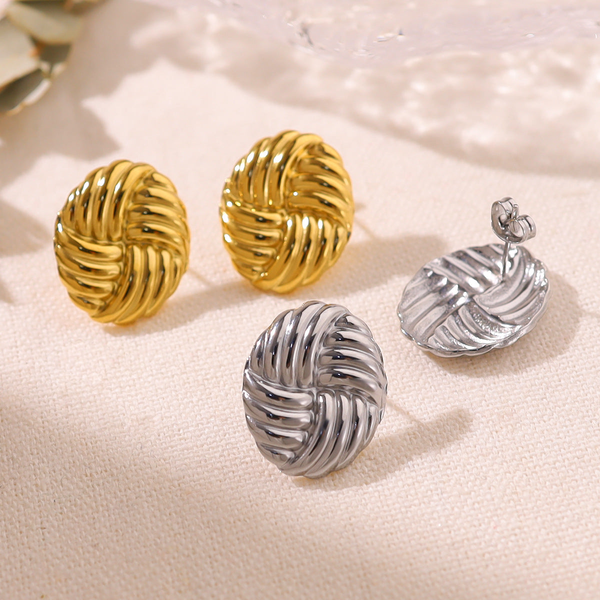 Simple fashion personalized woven texture earrings round geometric 18k gold plated stainless steel earrings asonjewelry