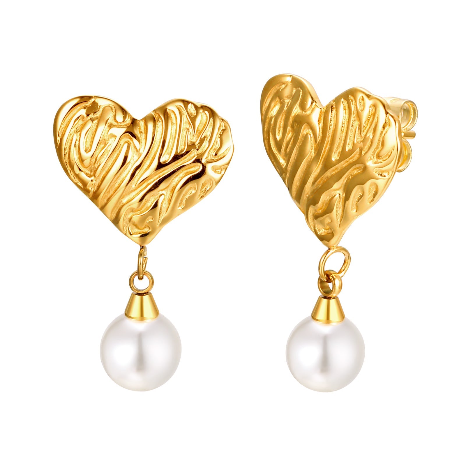 Fashion Stainless Steel Irregular Texture Heart & Pearl Earrings asonjewelry