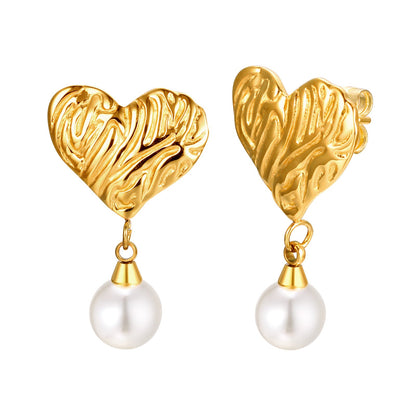 Fashion Stainless Steel Irregular Texture Heart & Pearl Earrings asonjewelry