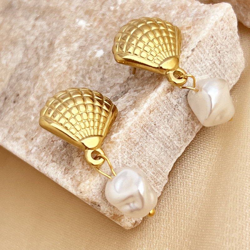 Stainless Steel 18K Gold Plated French Vintage Fashion Summer Seaside Vacation Style Natural Pearl Earrings asonjewelry