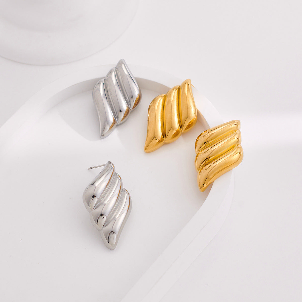 Geometric 18K Gold Stainless Steel Fashion Simple Metal Style Triple Wing Stud Earrings asonjewelry