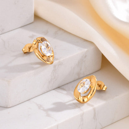 Stainless steel oval white zirconia earrings gold ladies fashion earrings asonjewelry