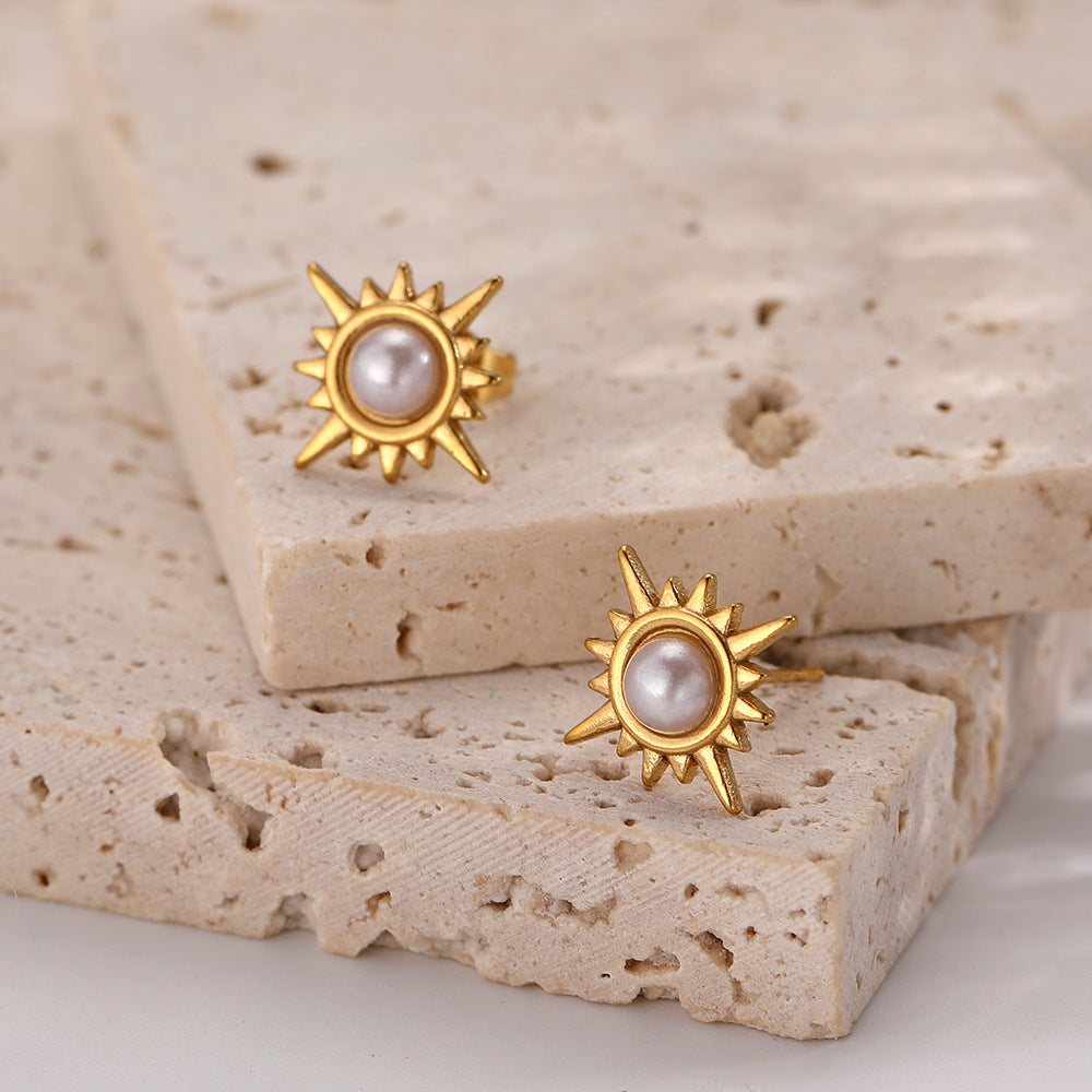 New vintage popular gold pearl radiant inlaid raised pearl stainless steel earrings asonjewelry