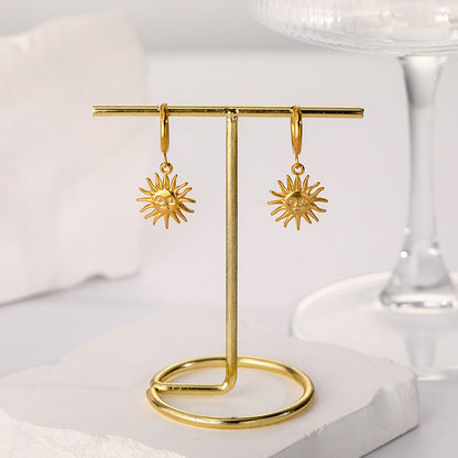 French Vintage Stainless Steel Premium 18k Gold Geometric Sun Drop Earrings asonjewelry