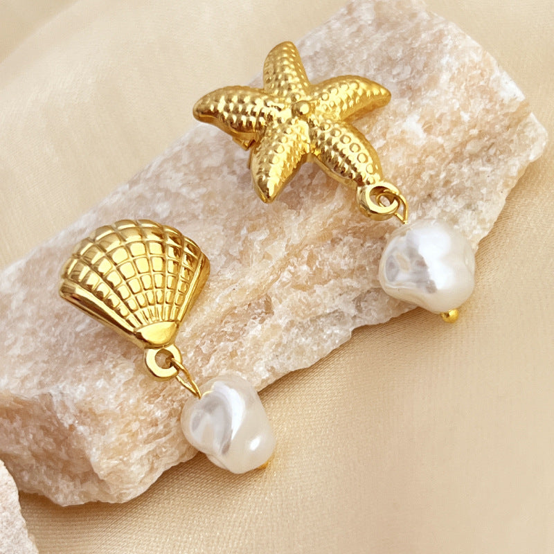 Stainless Steel 18K Gold Plated French Vintage Fashion Summer Seaside Vacation Style Natural Pearl Earrings asonjewelry