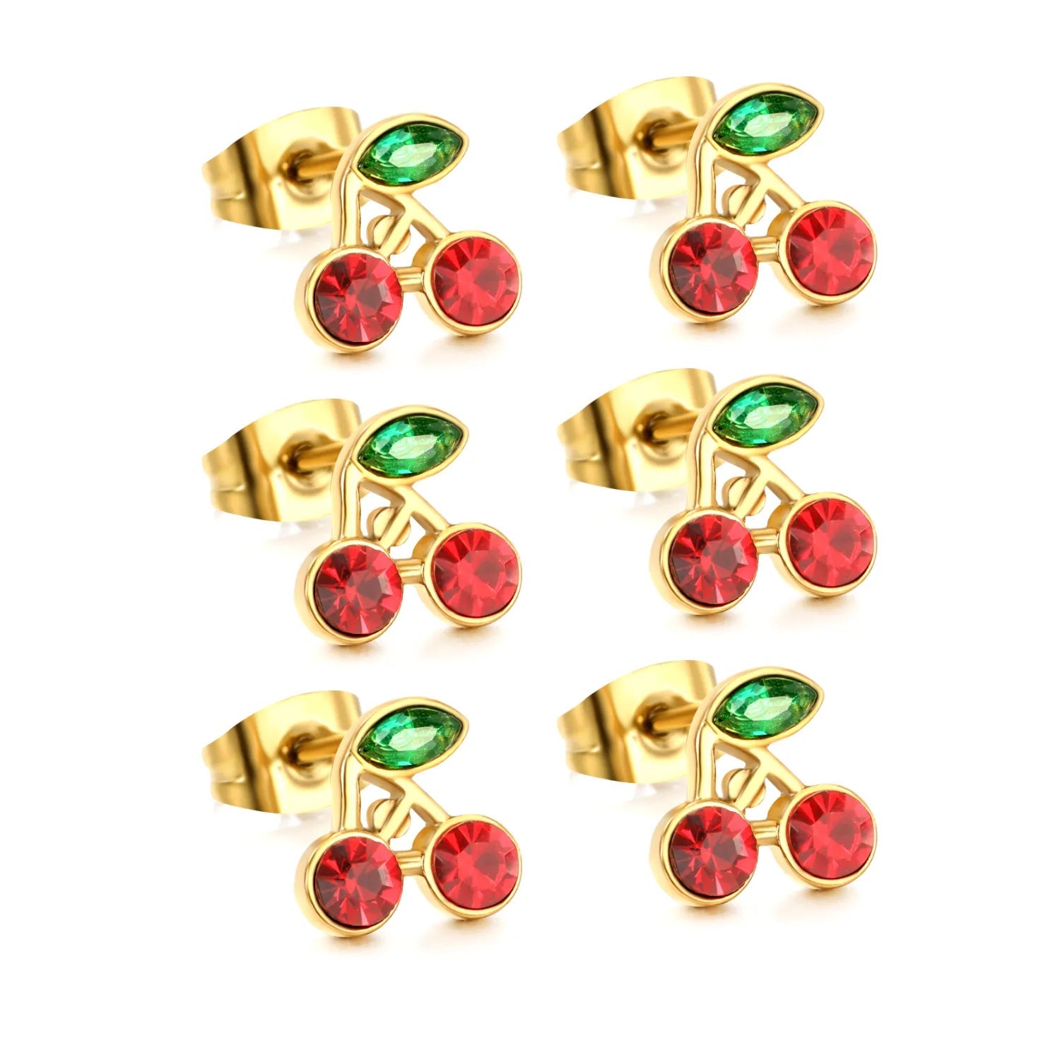 3PCS 8.6*8.4mm Cherry green diamonds + white diamonds ordinary pin earrings steel color / gold color asonjewelry