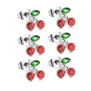 3PCS 8.6*8.4mm Cherry green diamonds + white diamonds ordinary pin earrings steel color / gold color asonjewelry