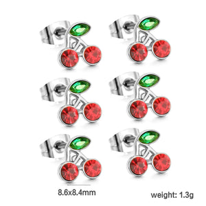 3PCS 8.6*8.4mm Cherry green diamonds + white diamonds ordinary pin earrings steel color / gold color asonjewelry