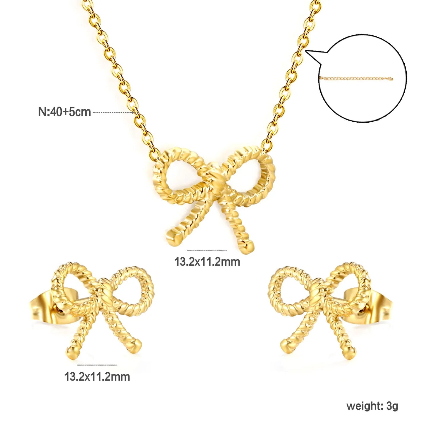 Wholesale Gold Stainless Steel Bow Jewelry Set | 13.2x11.2mm Necklace & Stud Earrings Set for Retail Asonjewelry