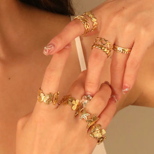 Wholesale Adjustable Ring Set | Butterfly, Starfish, Flower, X Design Gold Stainless Steel Rings | US Size 6-9