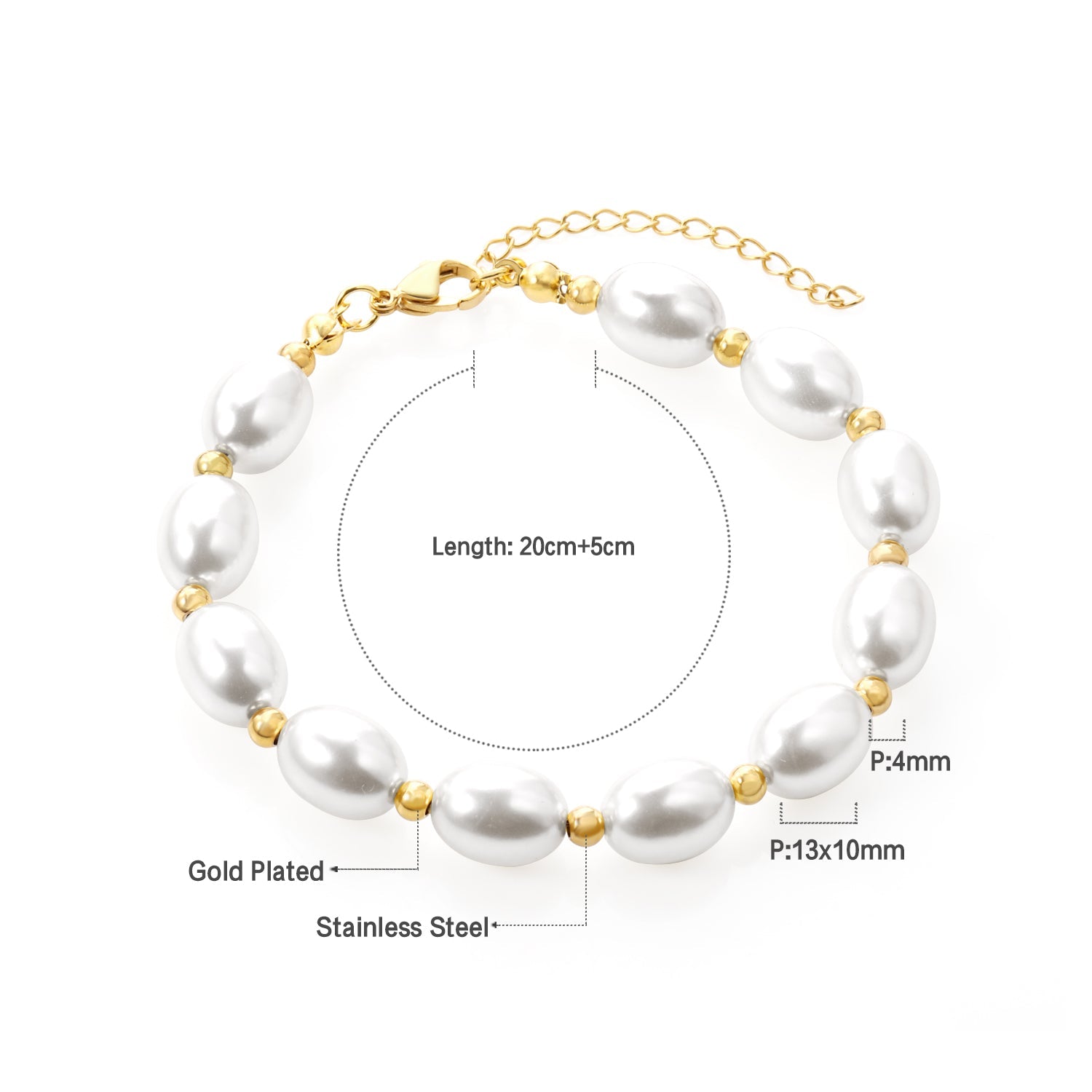 Steel and gold pearl with steel beads bracelet 10*13mm 20+5cm asonjewelry