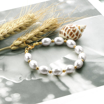 Steel and gold pearl with steel beads bracelet 10*13mm 20+5cm asonjewelry