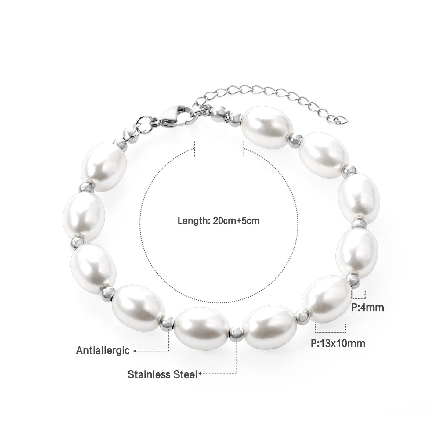 Steel and gold pearl with steel beads bracelet 10*13mm 20+5cm asonjewelry