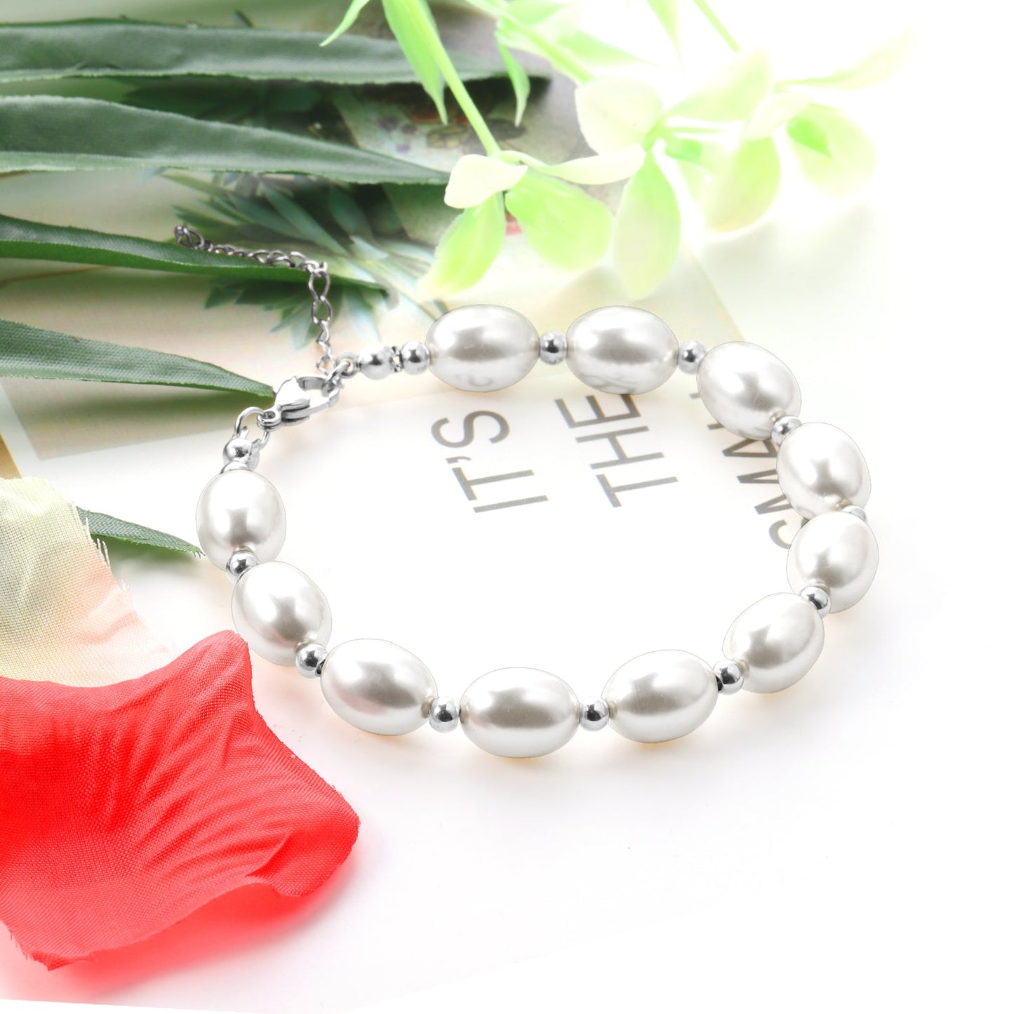 Steel and gold pearl with steel beads bracelet 10*13mm 20+5cm asonjewelry