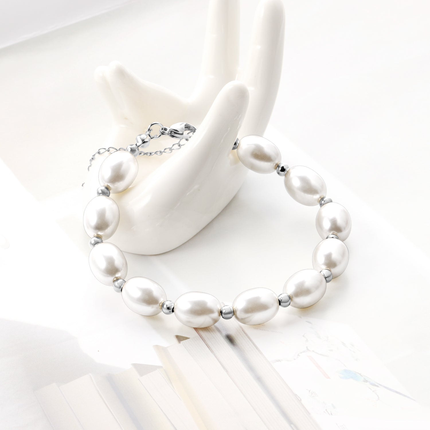 Steel and gold pearl with steel beads bracelet 10*13mm 20+5cm asonjewelry