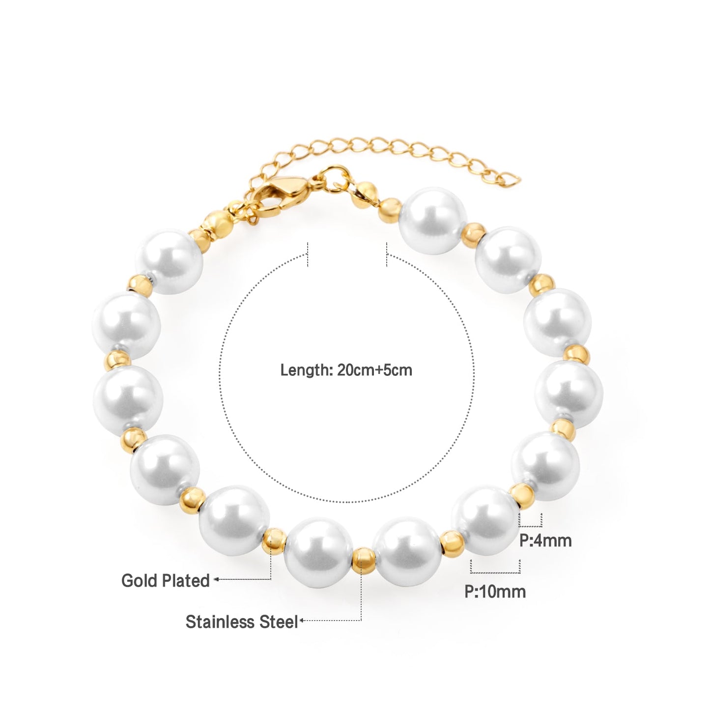 Steel and Gold Pearls with Steel Beads Bracelet 10mm 20+5cm asonjewelry