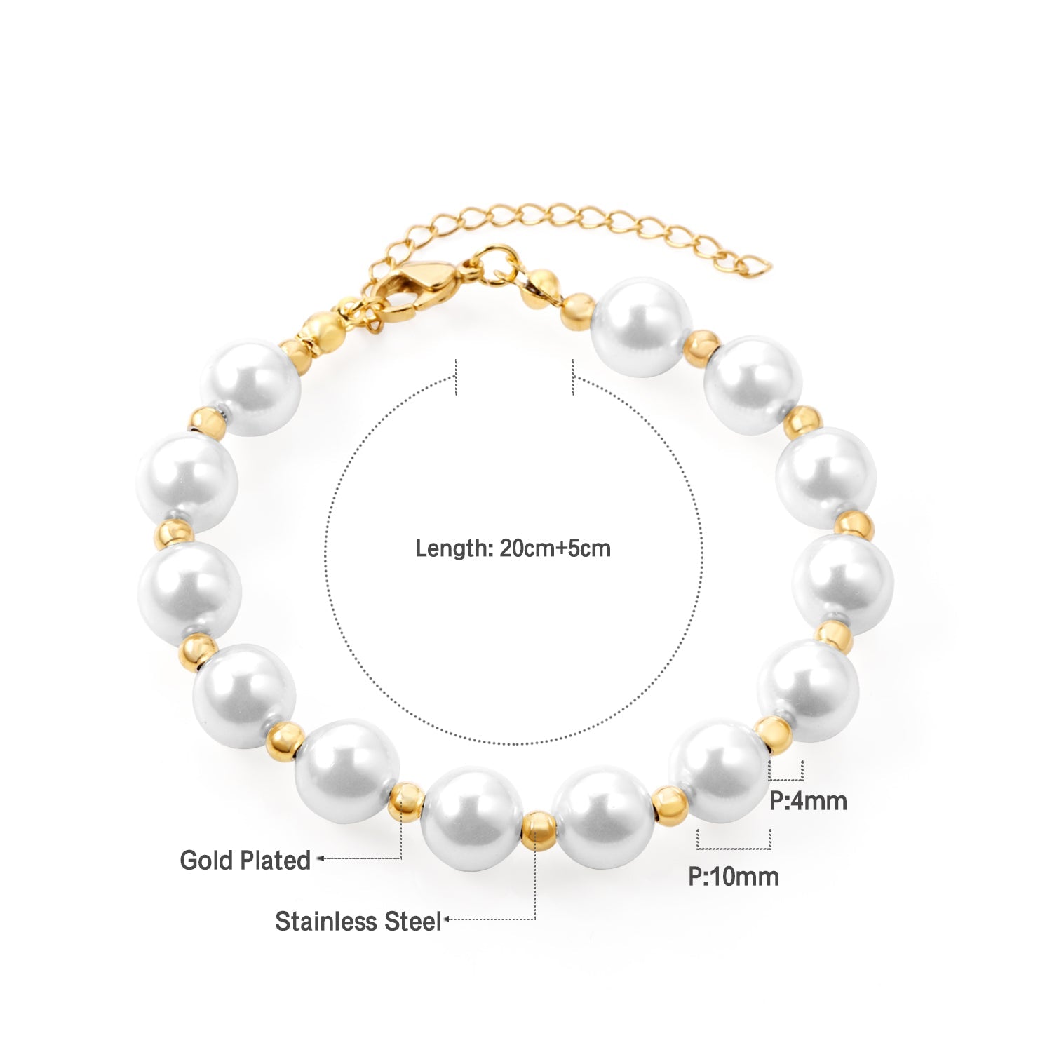Steel and Gold Pearls with Steel Beads Bracelet 10mm 20+5cm asonjewelry