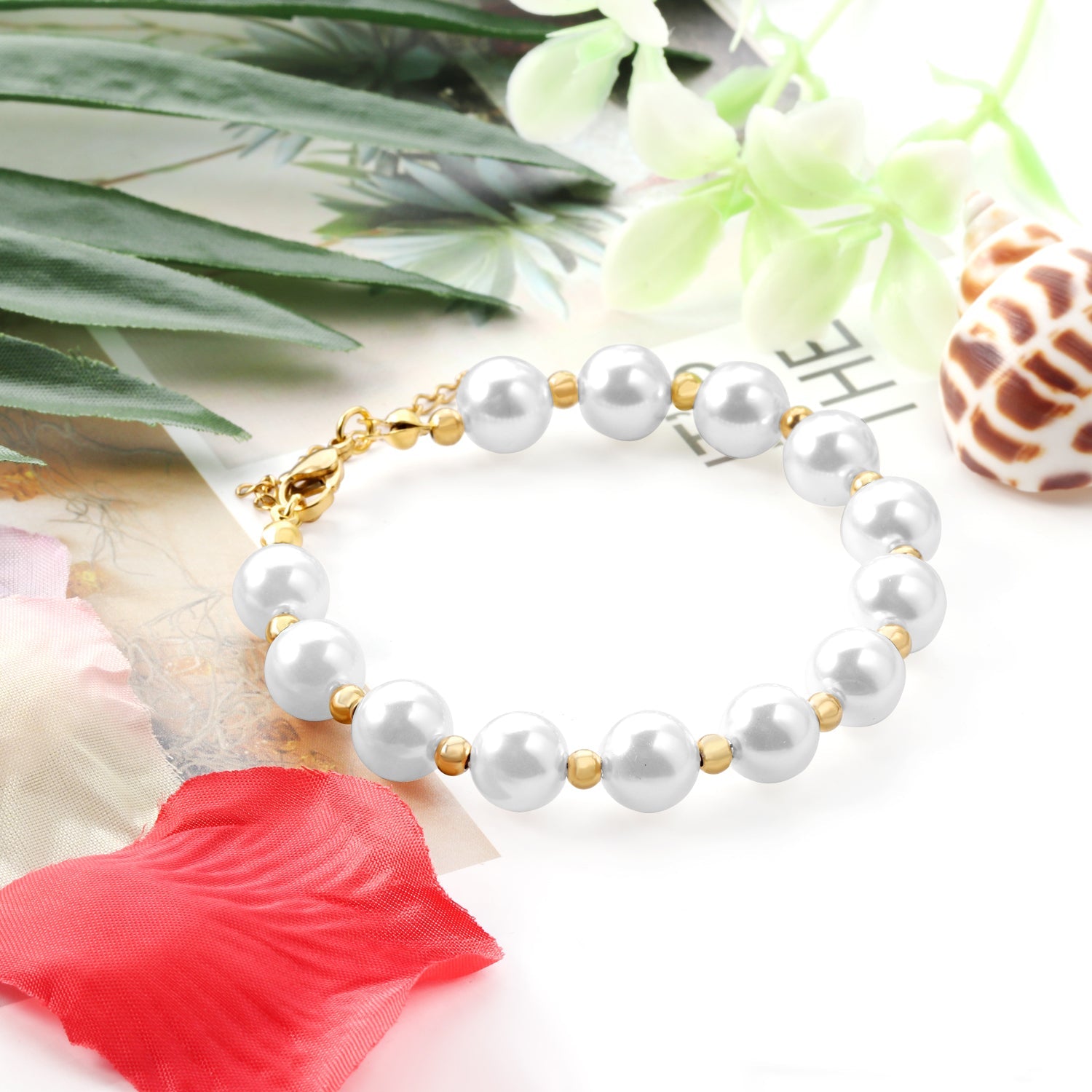 Steel and Gold Pearls with Steel Beads Bracelet 10mm 20+5cm asonjewelry
