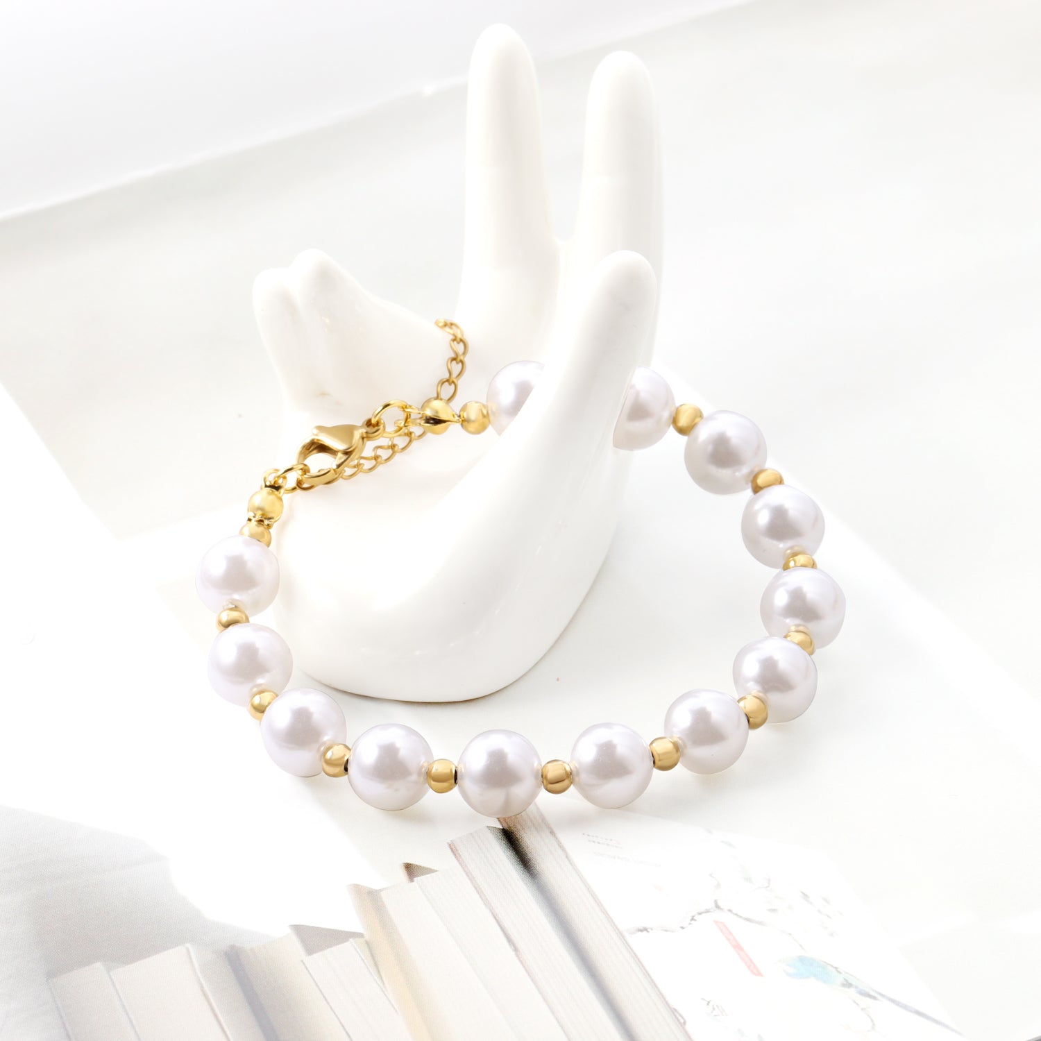 Steel and Gold Pearls with Steel Beads Bracelet 10mm 20+5cm asonjewelry