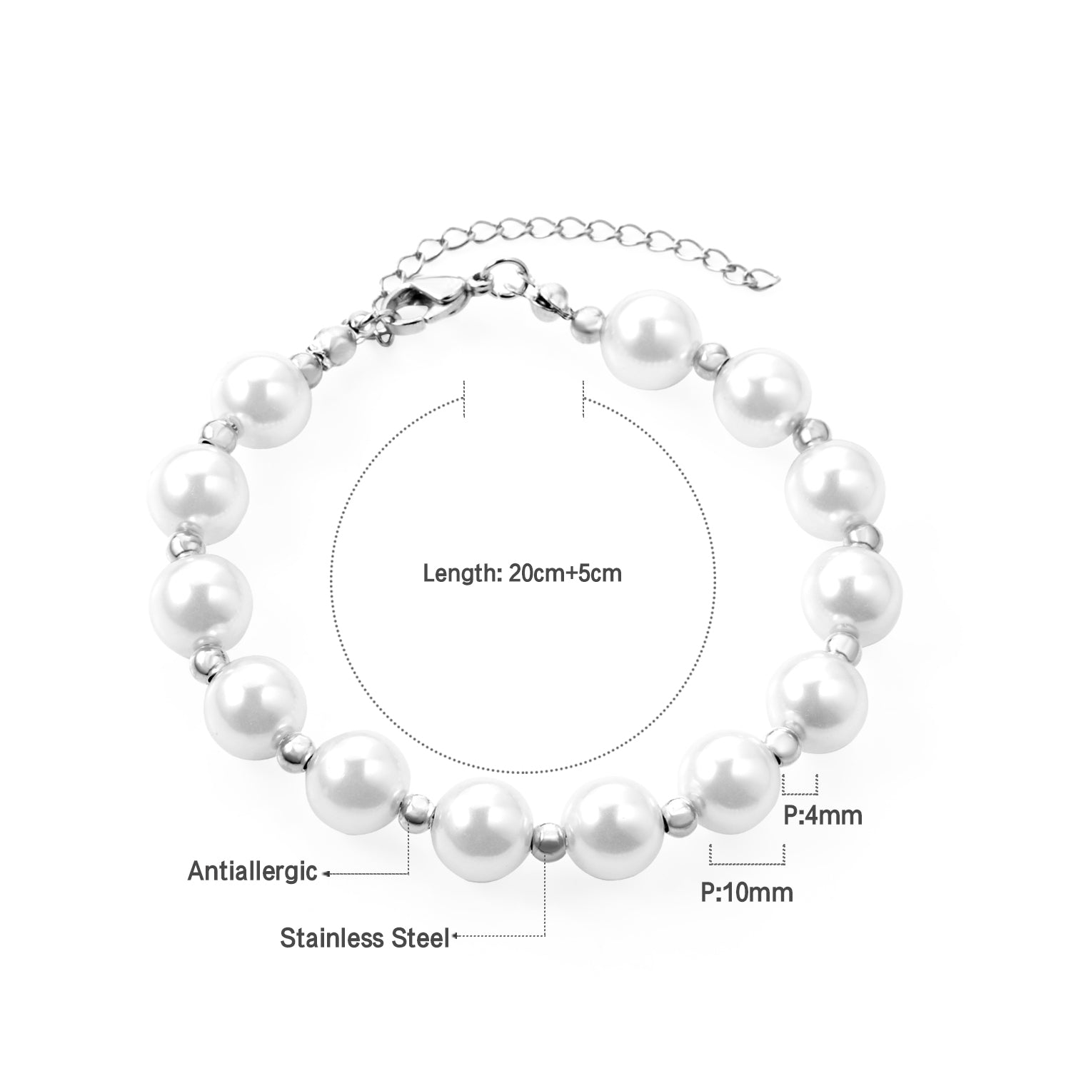 Steel and Gold Pearls with Steel Beads Bracelet 10mm 20+5cm asonjewelry