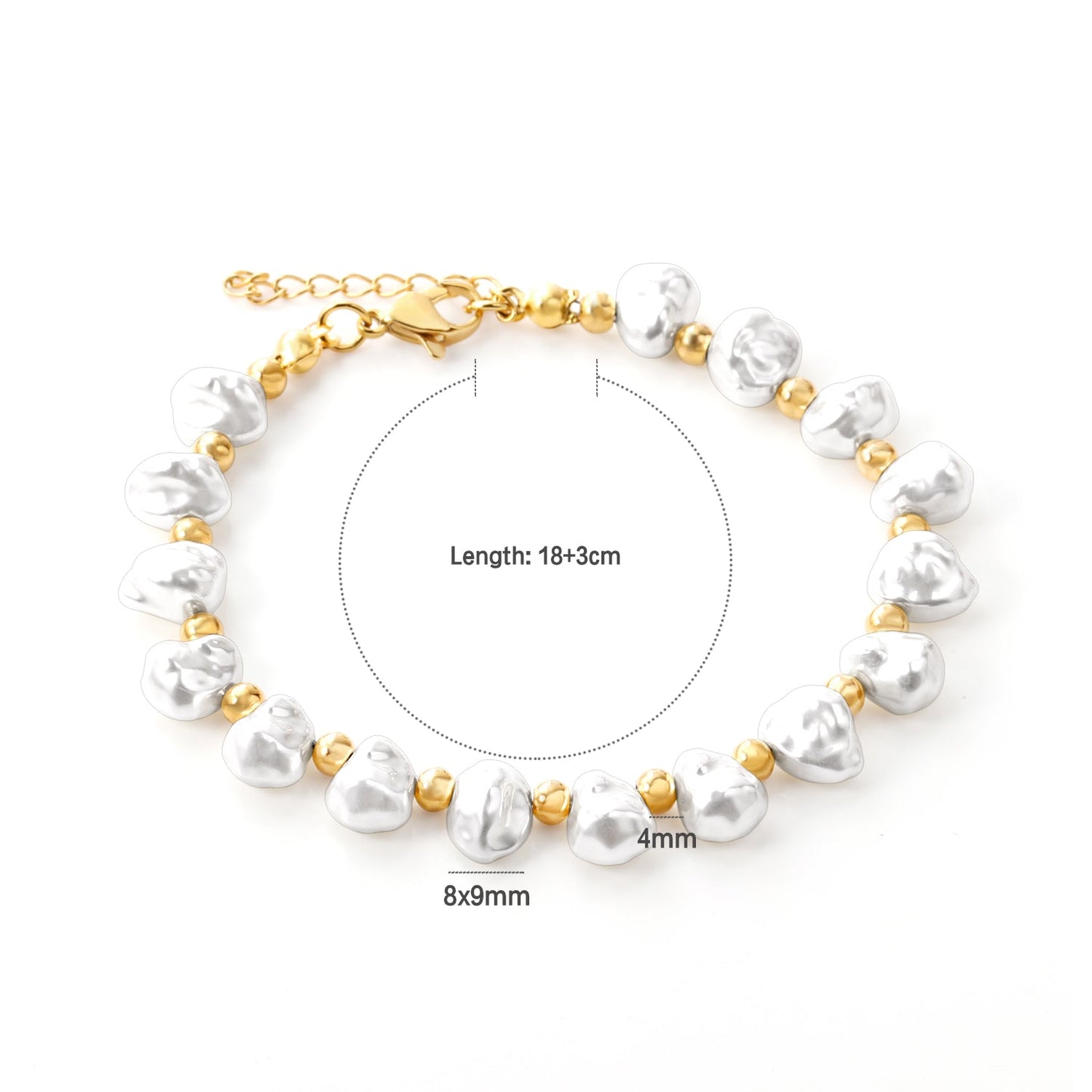 8x9mm Shell Alien Bracelet Spacer Beads 4mm 18+3cm+Round Plaque Steel/Gold asonjewelry