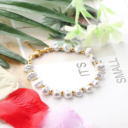 8x9mm Shell Alien Bracelet Spacer Beads 4mm 18+3cm+Round Plaque Steel/Gold asonjewelry