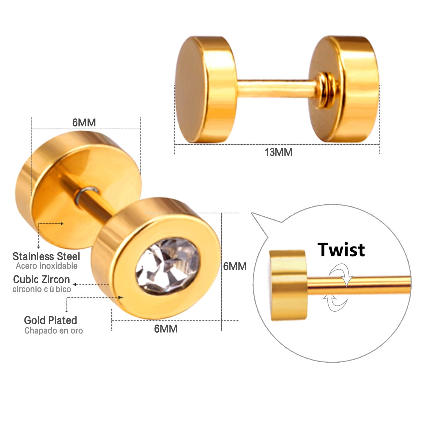 12 pairs 6mm steel/gold cylindrical white/black/mixed drill screw plugs asonjewelry