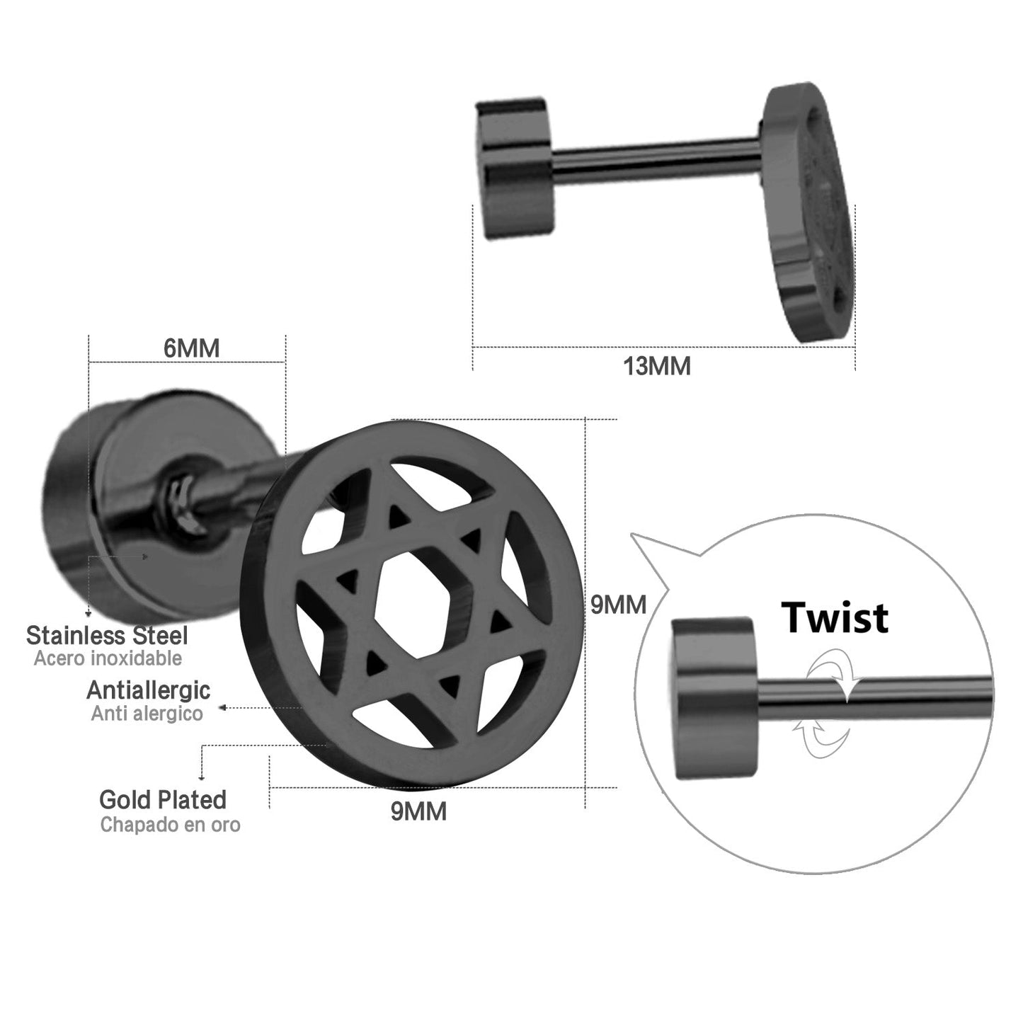 12 pairs steel/gold/black screw-in stud earrings without diamonds asonjewelry