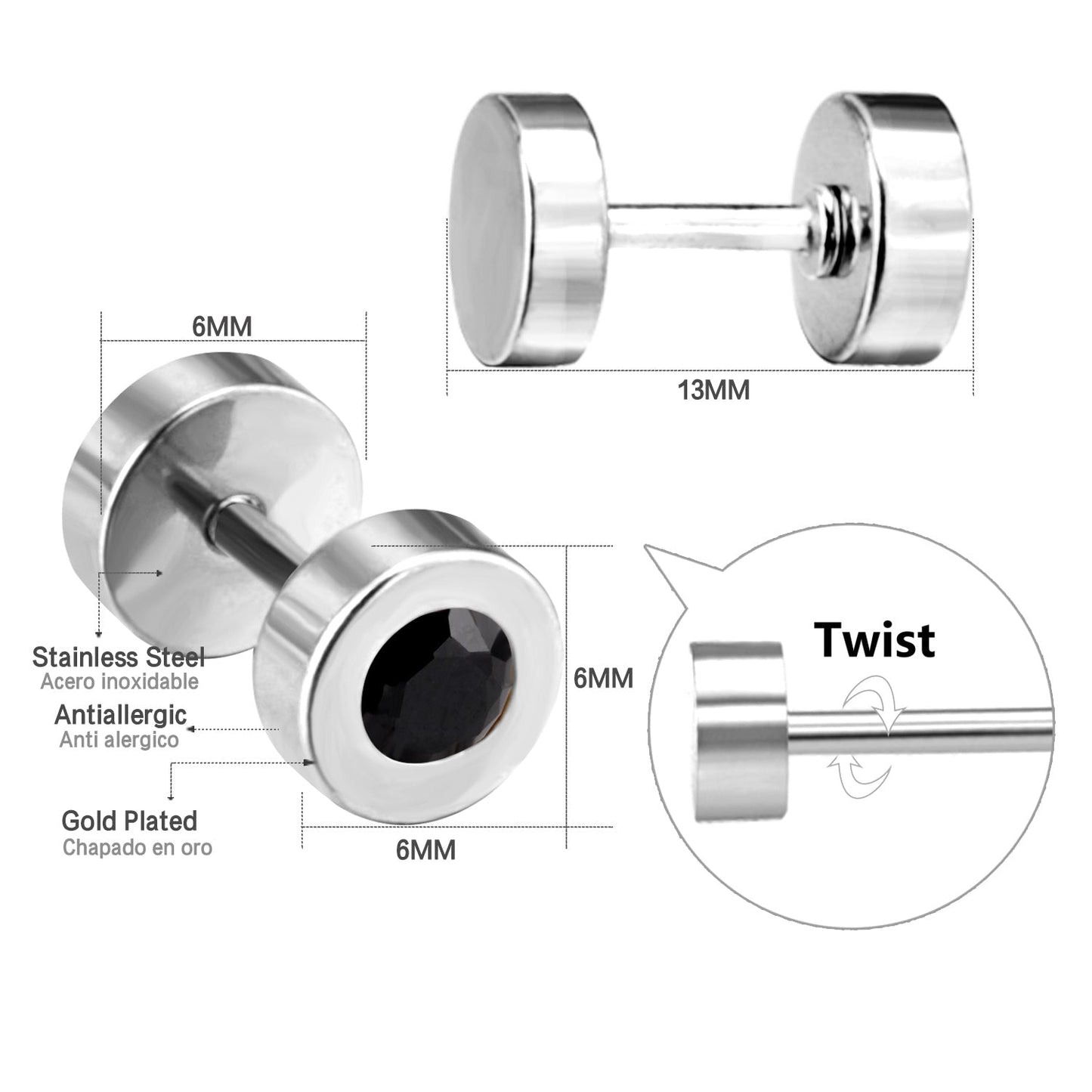 12 pairs 6mm steel/gold cylindrical white/black/mixed drill screw plugs asonjewelry