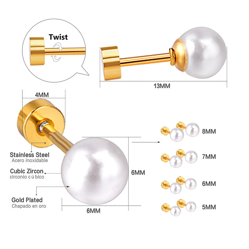 4~8mm steel color/golden white pearl screw plugs asonjewelry