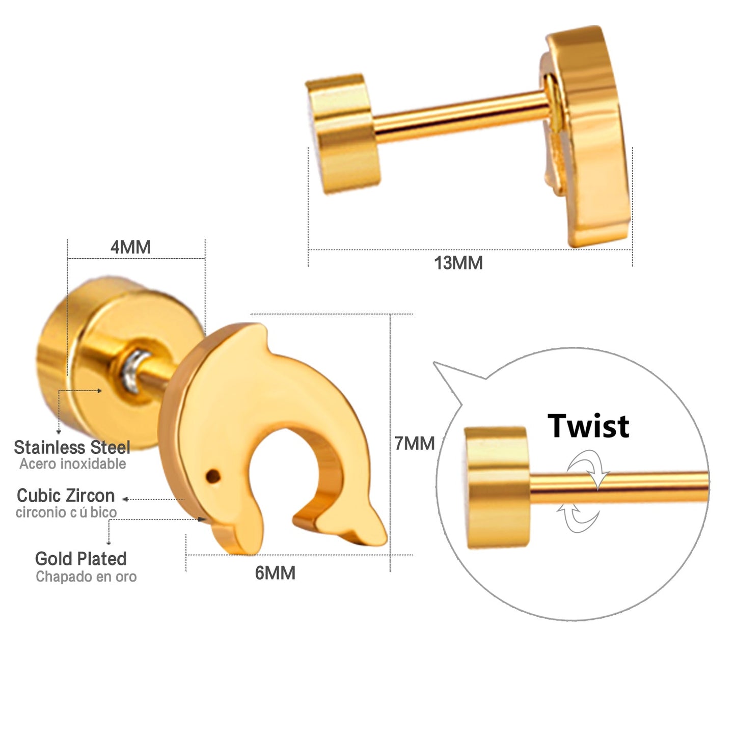 12 pairs Dolphin Shape Steel Goldtone Screwback Stud Earrings asonjewelry