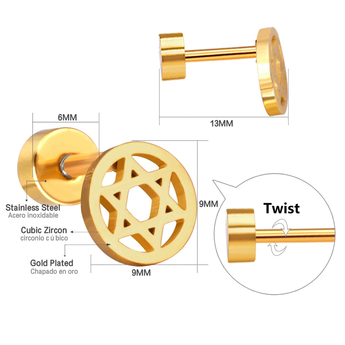 12 pairs steel/gold/black screw-in stud earrings without diamonds asonjewelry