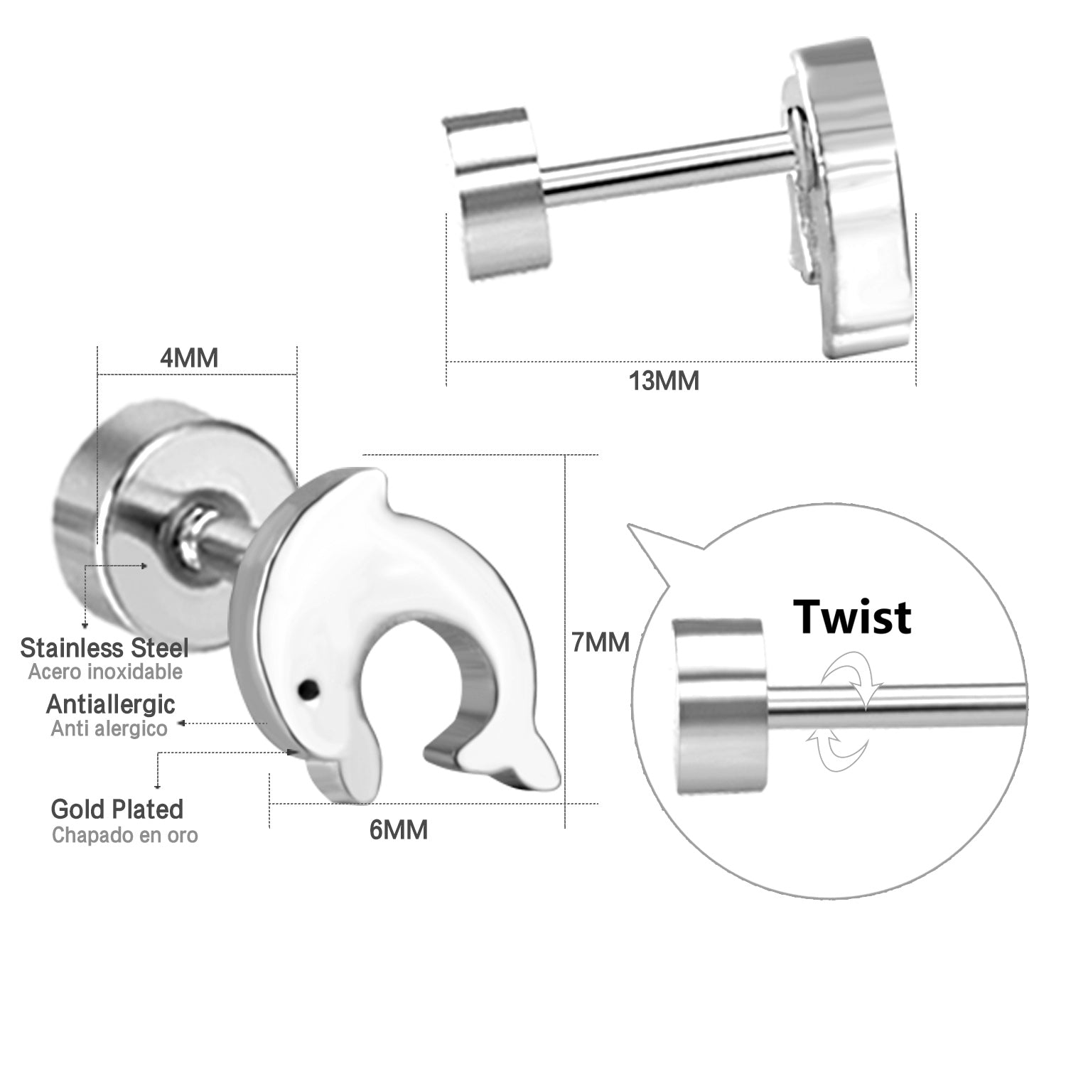 12 pairs Dolphin Shape Steel Goldtone Screwback Stud Earrings asonjewelry