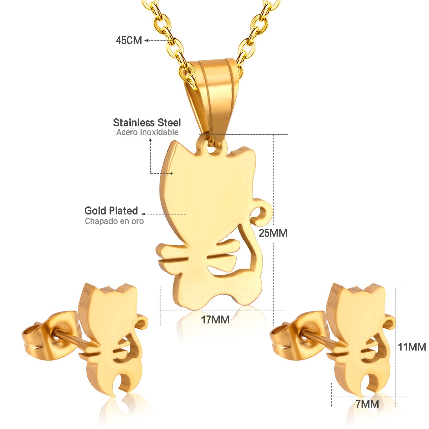 Steel/Gold Faceted Cat Standing Shape Jewelry Set without Diamonds asonjewelry