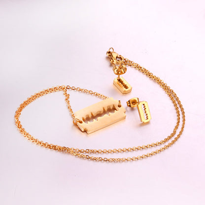 Steel/Gold Smooth Cut Center Irregular Wisps Jewelry Set without Diamonds asonjewelry